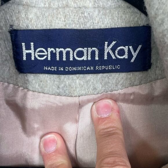 Herman Kay Vintage Wool Coat Oatmeal Tan Button-Up Lined Shoulder Pads Sze Large - Picture 6 of 8